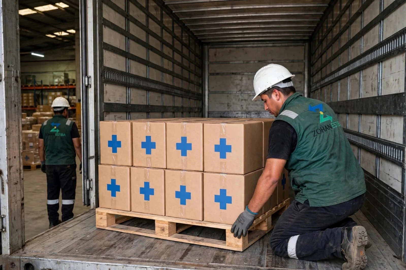 Operario acomodando una paleta de cajas dentro de un camión