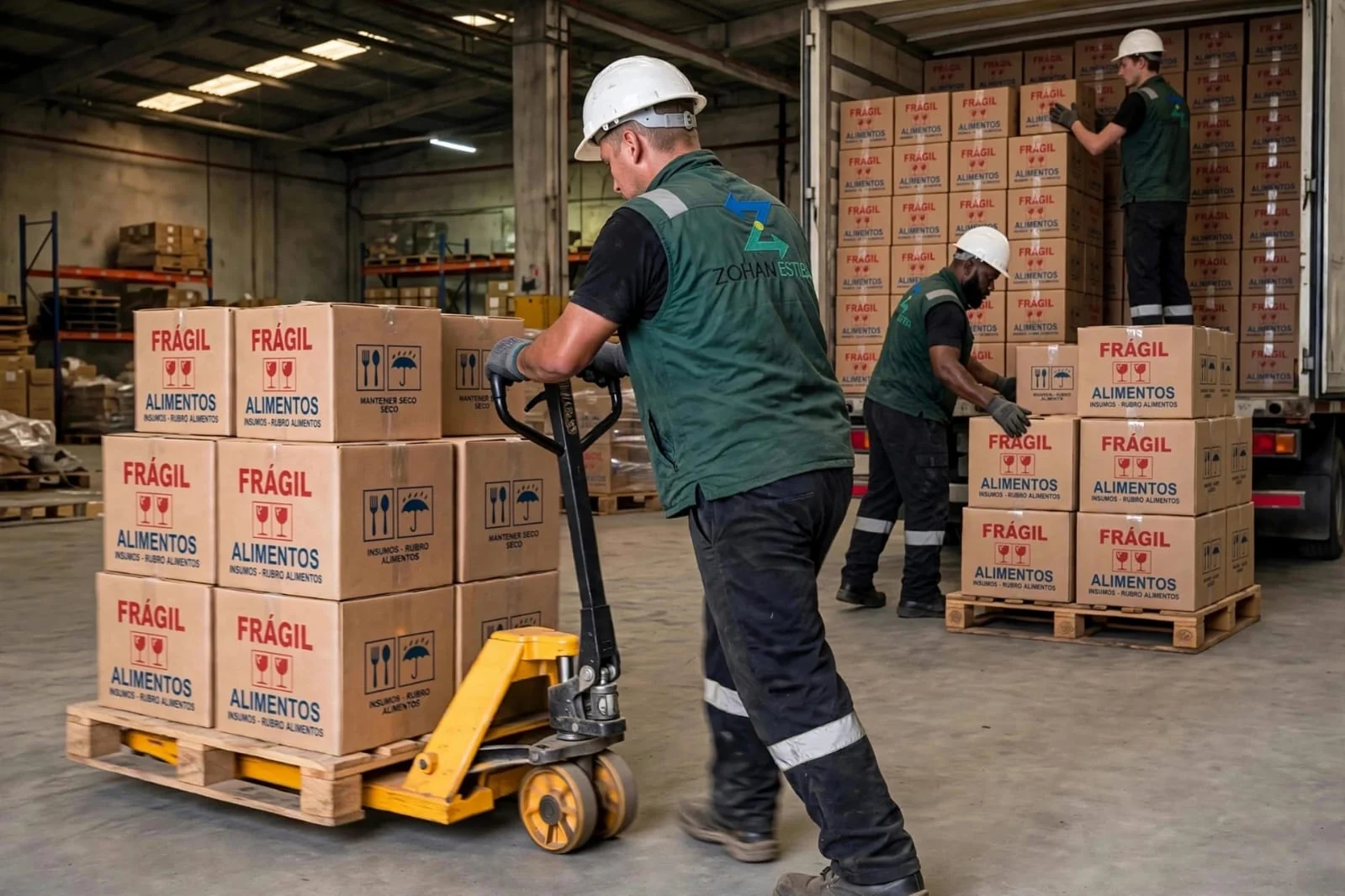 Operario de ZOHAN ESTIBA moviendo mercadería con estoca