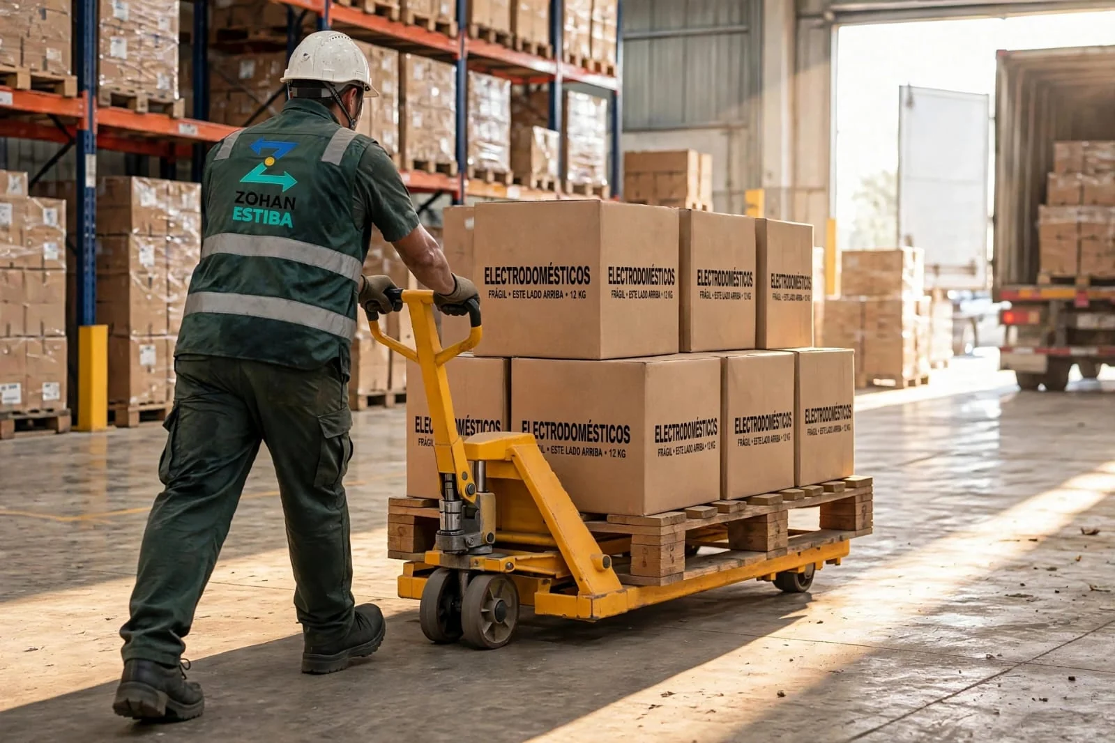 Operario trasladando cajas de electrodomésticos con estoca
