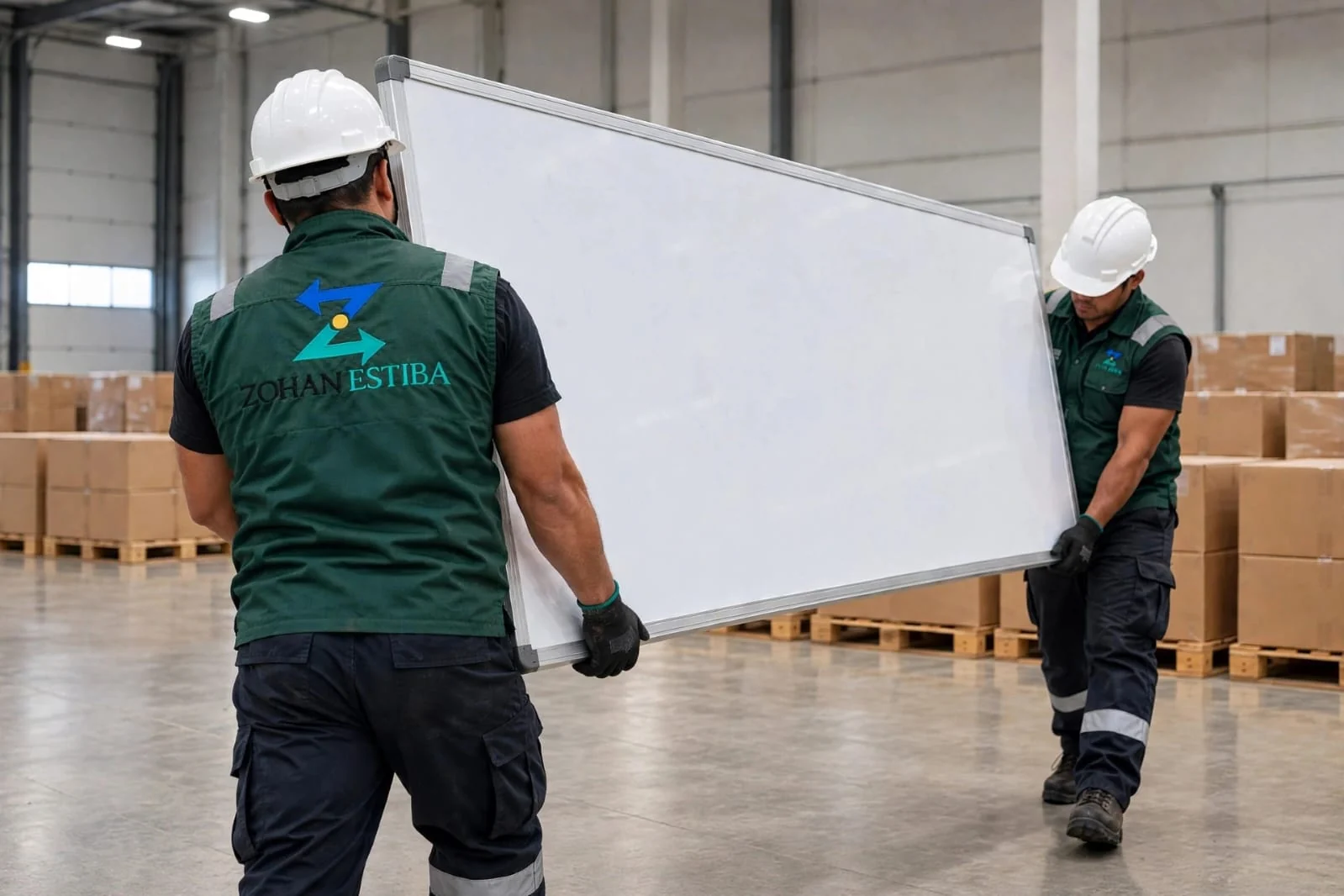 Dos operarios manipulan un panel voluminoso con coordinación